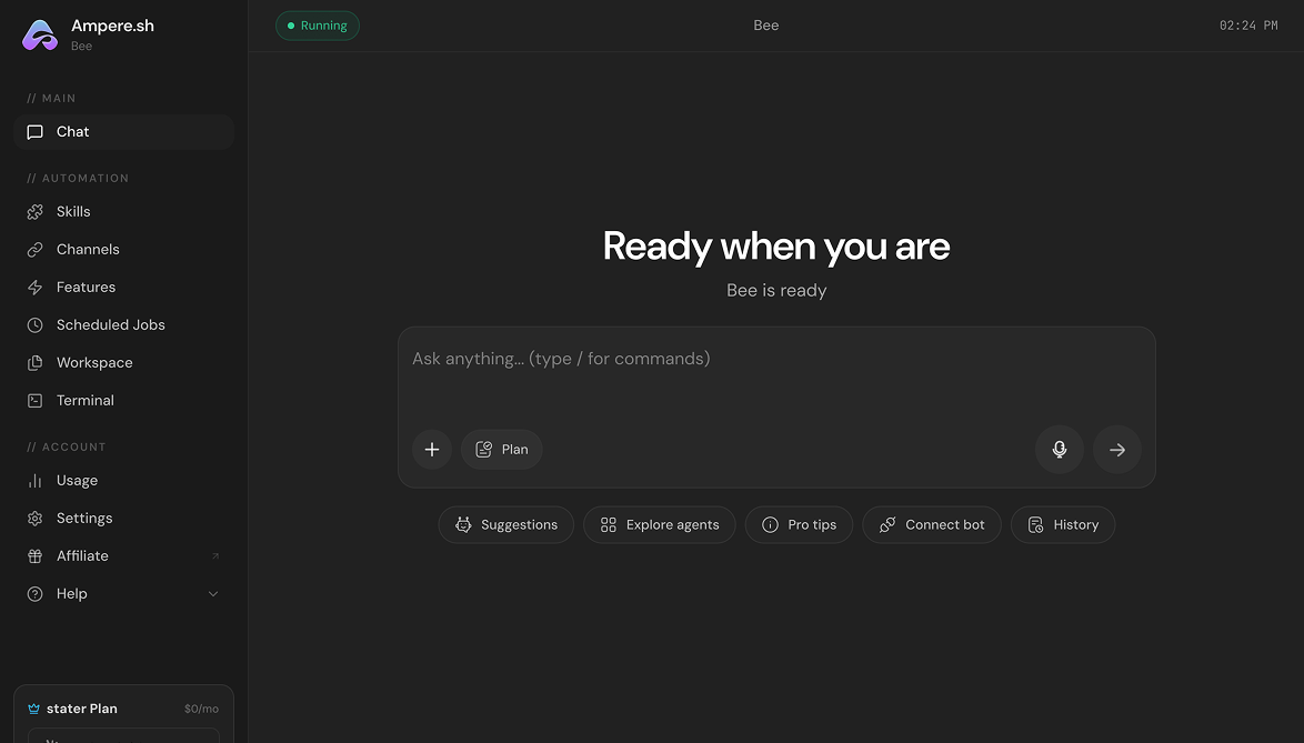 The Ampere dashboard listing a user's agents